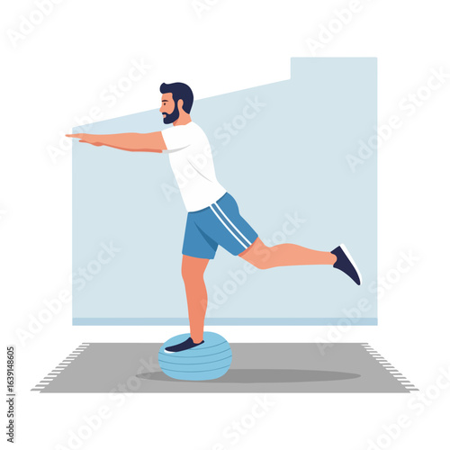 Fitness at home with balance ball for determined sportsman doing balance exercise. Doing fitness at home helps to stay in good shape. Conceptual fitness at home is great for health.