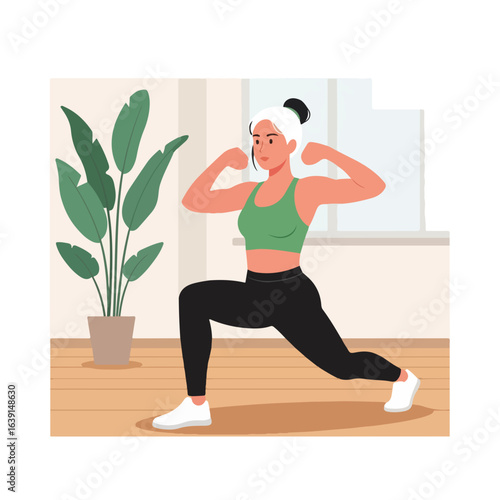 Fitness at home with focused woman, doing lunges in living room for good health. Fitness at home routine includes stretching for toned body and healthy mind.