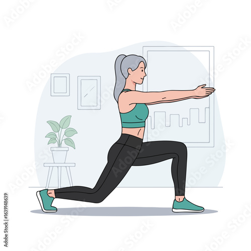 Engaging in fitness at home with a yoga-inspired workout, stretching and posing in living room. Doing fitness at home routine includes lunges for health, well-being and exercise,