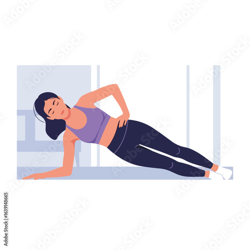 Fitness at home with woman in side plank pose, maintaining core strength for well-being. Fitness at home includes exercises to support active lifestyle and good health habits.