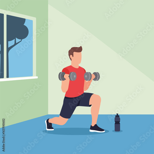 Fitness at home with man exercising with weights and performing lunges in living room. Fitness at home with determined athlete using dumbbells for strength training session.