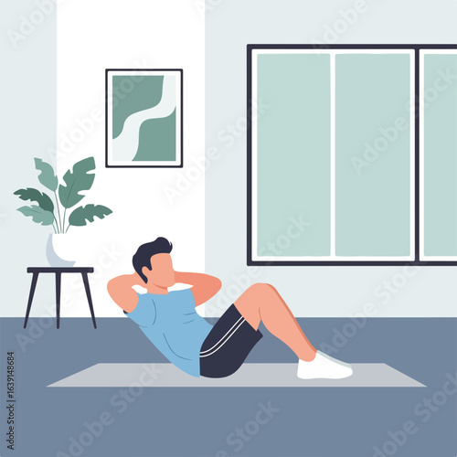 Fitness at home displayed by man doing crunches on mat in bright room. Showing fitness at home workout includes abdominal exercises for strength, health, and well-being.