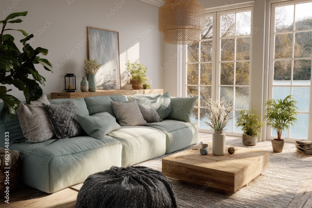 Fototapeta premium Cozy spring living room with Easter decor, showcasing natural light and a tranquil view of green landscapes through large windows