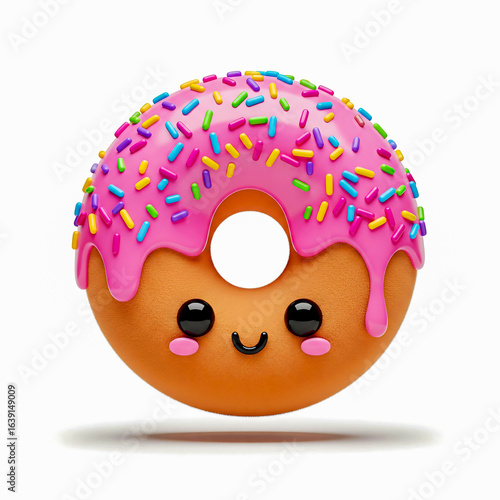 Cute cartoon donut with pink frosting and sprinkles