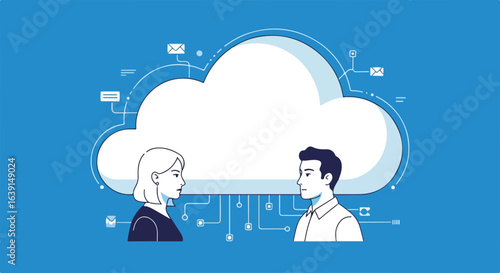 Secure network communication between man and woman shown with cloud computing.  Data security and privacy concept using cloud storage.