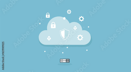 Secure cloud computing service with safety shield and padlock.  Network security cloud guarantees safe data transmission and online access.  This secure cloud computing solution protects information,