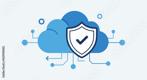 Cloud security with shield and checkmark symbolizes protection of online data. Cloud security includes safety and access to resources from anywhere, anytime.