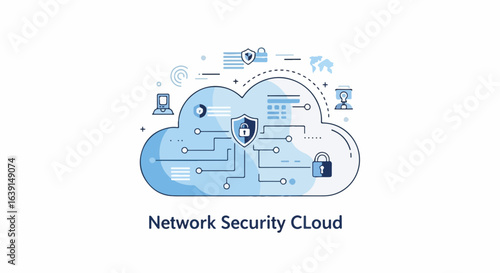 Network security cloud depicted with circuit patterns for secure data transmission and storage. Network security cloud concept visualizes data privacy and protection,