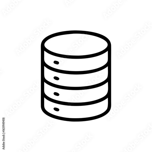 Database icon showing stacked disks on white background, simple data architecture. Database icon illustrates stored information, software and structured content.