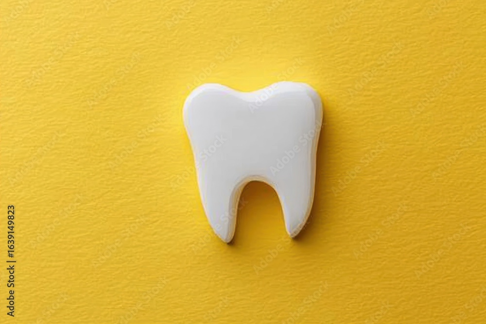 Fototapeta premium Clean white tooth model on bright yellow textured background symbolizing dental health care