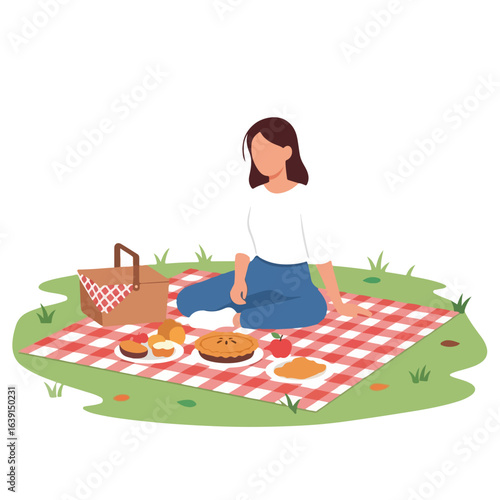 Picnic illustration showing woman sitting on picnic blanket with food. Picnic illustration portrays picnic in open space for relaxation, including pie, pastry, and fruit.