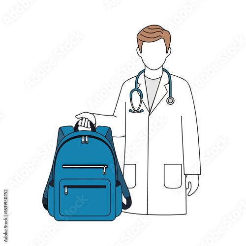 Doctor with backpack featuring a faceless medical professional ready for call. Doctor with backpack shows preparedness, wearing lab coat and stethoscope for hospital rounds.