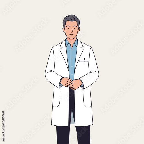 Doctor illustration portraying a healthcare professional in lab coat with hands clasped, emphasizing trust and competence. This Doctor illustration presents a friendly and approachable medical expert,