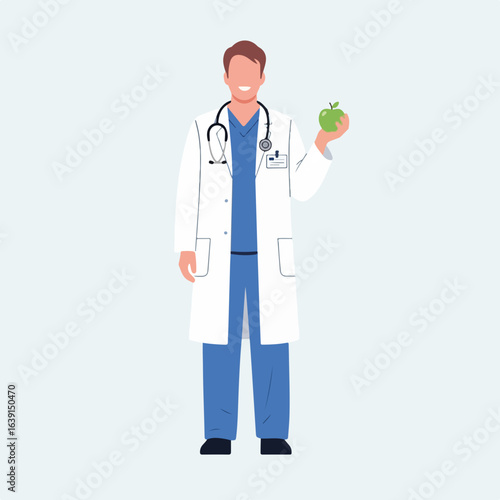 Password protection ensures network security cloud access, depicted by medical professional with an apple, promoting data encryption. Shield cyber threats with proper data encryption,
