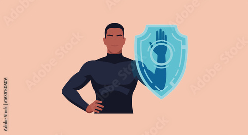 Presenting cyber security featuring a man holding cyber security shield. Cyber security and password protection ensure network safety, as shield cyber defends personal data.