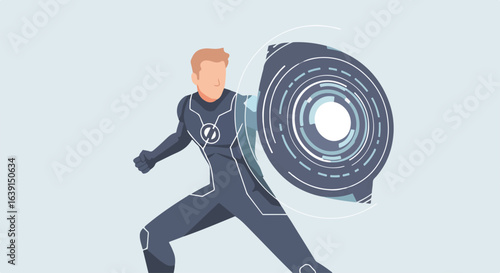 Shield cyber protection is provided by man in protective suit holding digital shield. Network security cloud assures privacy with password protection.