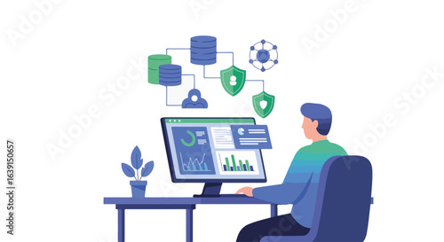 Shield cyber against attacks is shown with professional using computer for network security cloud. Data encryption ensures shield cyber from unauthorized access.