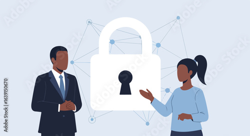 Network security cloud behind two professionals in business suits, this network security cloud ensures confidentiality. Data encryption with password protection reinforces network security cloud,