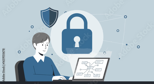 Network security cloud protects man working at computer. Data encryption provides shield cyber to ensure network security cloud. Shield cyber concept network security cloud for privacy and protection.