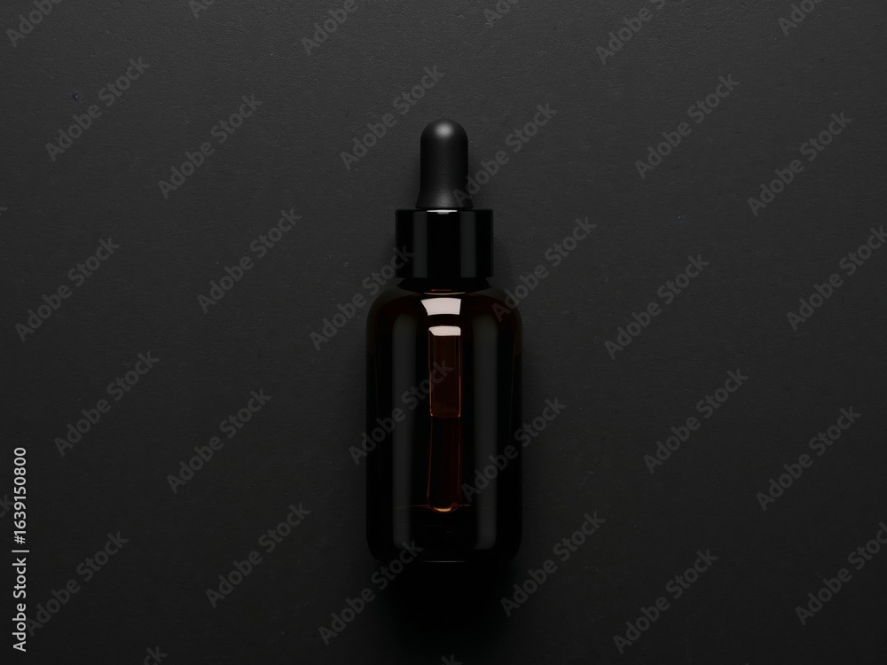Amber Glass Dropper Bottle Mockup on a Dark Background, Essential Oil or Serum. Amber Glass Dropper Bottle Mockup on a Dark Background, Essential Oil or Serum.