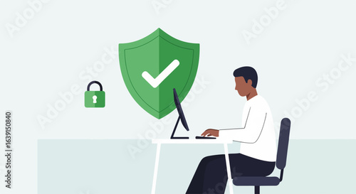 Network security cloud protects data with cyber security shield, showing data encryption. Network security cloud ensures password protection on desktop setup for digital privacy,