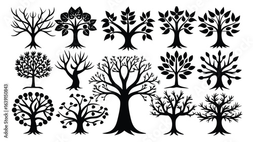Vector art of collection of stylized tree silhouettes in black and white, isolated on a white background, representing nature and growth.