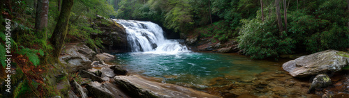 Majestic waterfall at serene forest location hdr panorama photography nature's beauty tranquil environment