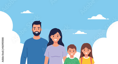Happy family trip in a bright illustrated outdoor scene with smiling parents and children. This family trip illustration includes blue skies and fluffy clouds,