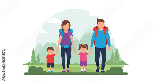 Enjoying family trip on white backdrop, depicted are parents walking with their kids amidst a scenic landscape. Family trip shows bonding, love, and outdoor adventure,