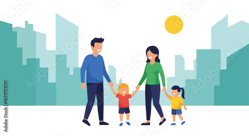 Happy family trip with parents and two daughters holding hands while walking in city. Family trip includes mom, dad, and their children enjoying sunny day.