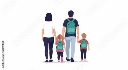 Rear view family trip with mom, dad and kids wearing backpacks. This family trip shows togetherness with backpacks and family concept.