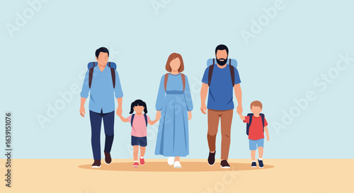 Family trip with parents and kids walking together with their backpacks, family trip, smiling and enjoying nature. A group of tourists are traveling together as part of family trip.