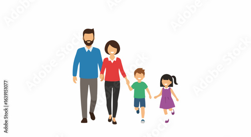 Family trip shows father, mother, and children happily walking together on white. Family trip involves quality time, creating cherished memories and bonds, fostering unity and love.