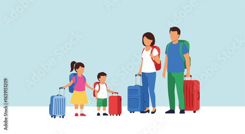 Family trip illustrated with mother, father, daughter, and son heading for vacation with suitcases and backpacks. Family trip concept shows a family enjoying travelling together.