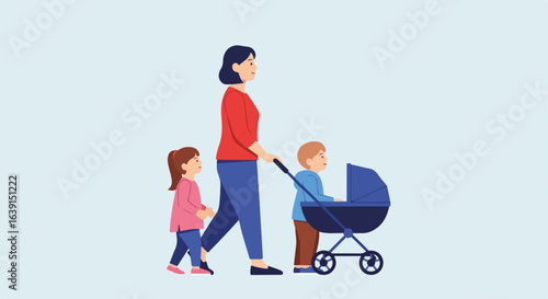 Family trip with mother and kids walking together, enjoying fresh air and bonding. This family trip shows a mom pushing a stroller while her other two children walk alongside.