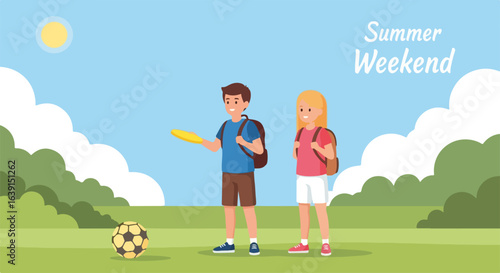 Young people enjoying a summer weekend, playing outdoor games on a bright day in the park. Summer weekend includes friends, soccer ball, and flying disc on a green field.