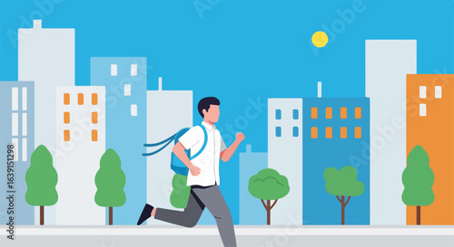 Schoolboy running during summer weekend in urban setting with minimalist cityscape. Summer weekend pursuit shows youthful energy against backdrop of modern building designs,