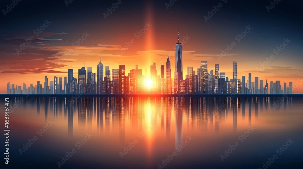 Fototapeta premium Sunset reflections over a tranquil pond surrounded by modern buildings urban landscape serene view