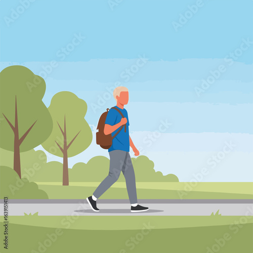 Young man walking in summer park with backpack. Student strolling along path enjoying weekend. Person with rucksack taking leisurely walk during summer weekend.