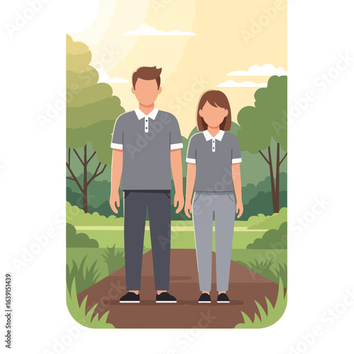 Couple enjoying summer weekend stroll in park. Couple in matching grey polo shirts and trousers walk hand in hand down path.