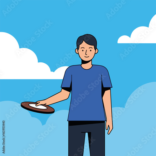 Summer weekend fun with man holding flying disc. Person enjoys summer weekend leisure activity outdoors. Happy summer weekend concept for travel brochures and promotional materials.