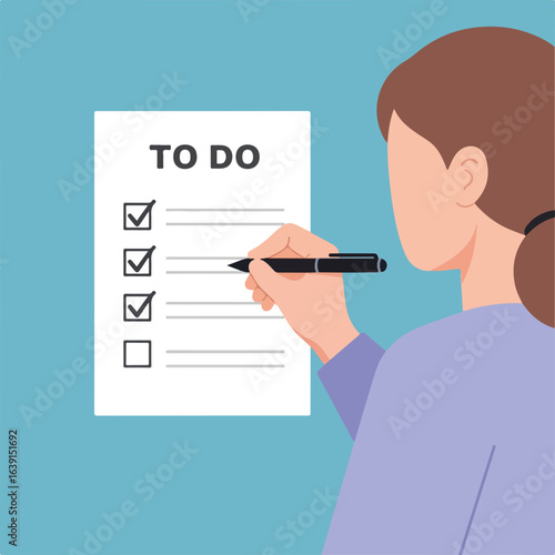 Woman completing to-do list with pen, marking tasks as done on checklist. Effective to-do list management ensures responsibilities are organized, priorities are set, and workflow is productive.