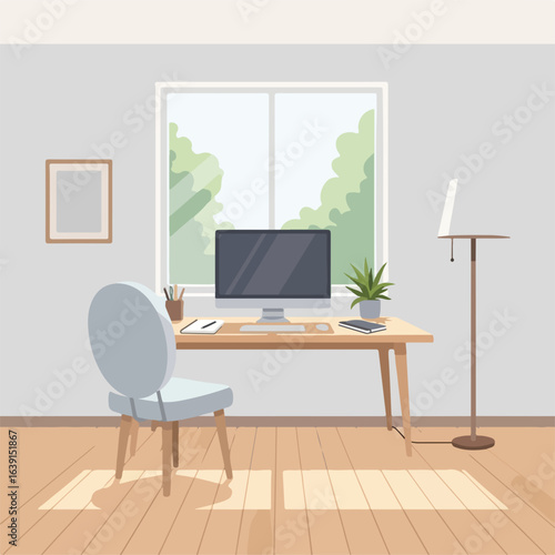 Home office setup with desk and computer, home office designed for productivity and comfort. Home office space offers a serene environment,
