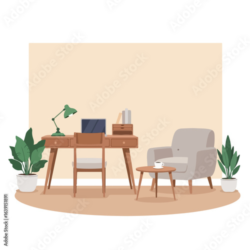 Cozy workspace with desk and armchair creates inviting study area at home. Cozy workspace offers lamp, laptop and plants for inspired work.