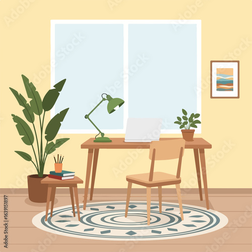 Cozy workspace interior featuring wooden furniture and houseplant near window for a relaxing atmosphere. Cozy workspace includes desk lamp and stylish round carpet for a tranquil setting,