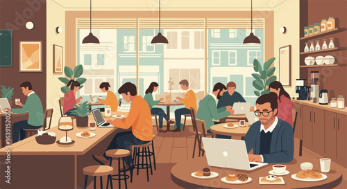 Working coffee in a modern cafe with people using laptops at tables, spacious and bright. Working coffee in the morning offers fresh pastries and beverages,