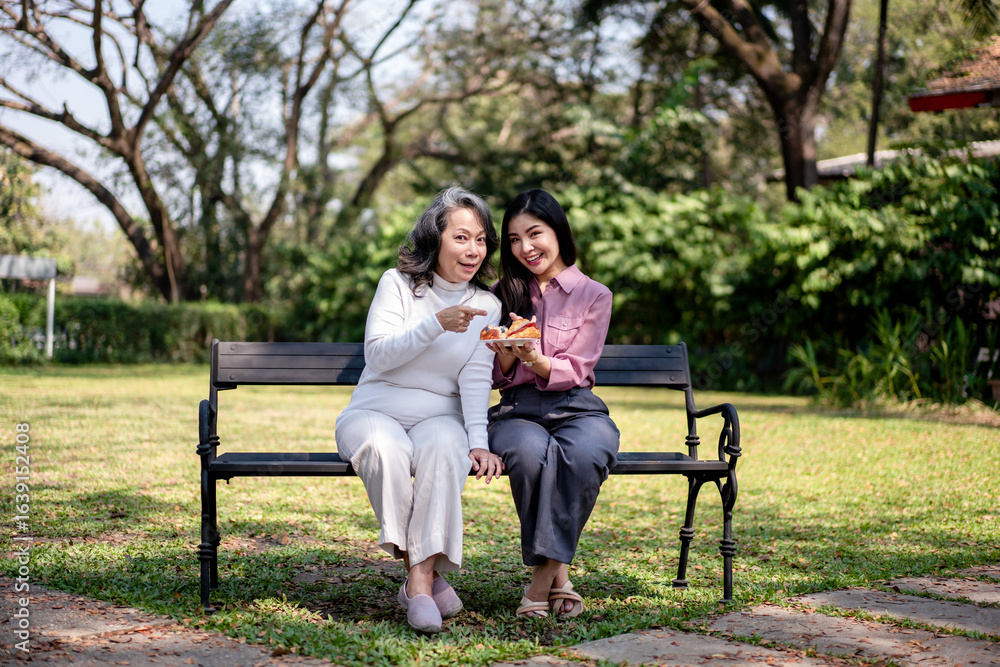Two Asian Women Enjoying Desserts on Park Bench Friendship and Food Sharing Outdoor Relaxation Togetherness in Green Garden Happy Moments with Pastries Two Asian Women Enjoying Desserts on Park Bench Friendship and Food Sharing Outdoor Relaxation Togetherness in Green Garden Happy Moments with Pastries