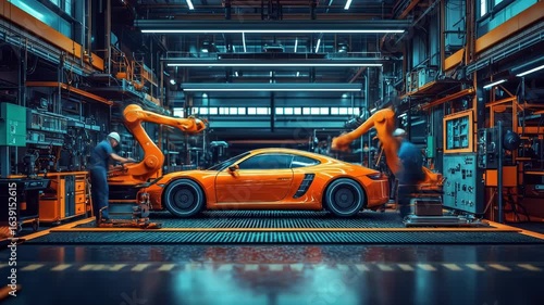 Automated car assembly line in a modern factory