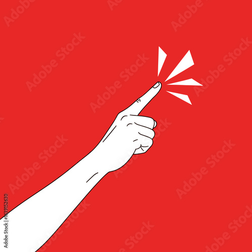 Abstract illustration of a pointing finger with a radiating burst of energy on a vibrant red background