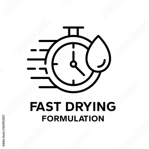 Quick dry icon set. Quick and fast clock dry wet clothes symbol. Fast drying formulation. Quick dry label product packaging design, logo, badge, circle, water drop, flat vector, isolated illustration.